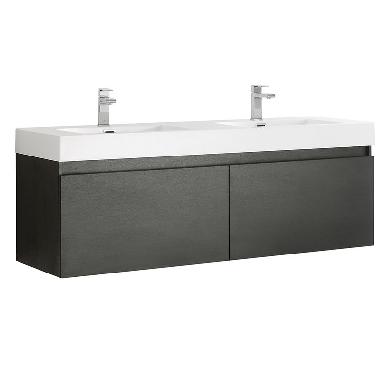 FRESCA FCB8042BW-I MEZZO 60 INCH BLACK WALL HUNG DOUBLE SINK MODERN BATHROOM CABINET WITH INTEGRATED SINK