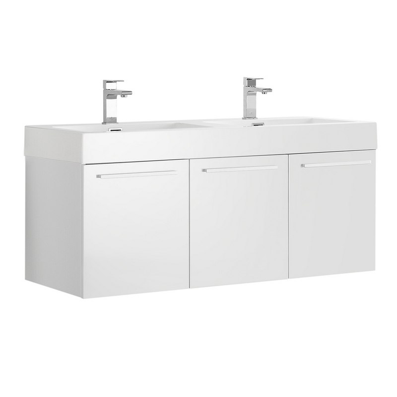 FRESCA FCB8092WH-D-I VISTA 48 INCH WHITE WALL HUNG DOUBLE SINK MODERN BATHROOM CABINET WITH INTEGRATED SINK