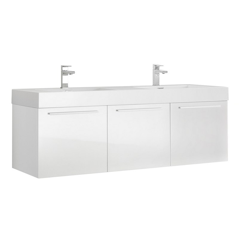 FRESCA FCB8093WH-D-I VISTA 60 INCH WHITE WALL HUNG DOUBLE SINK MODERN BATHROOM CABINET WITH INTEGRATED SINK