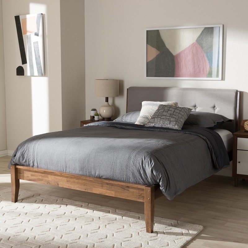 BAXTON STUDIO SW8013-LIGHT GREY/WALNUT-M7-QUEEN LEYTON 62 1/4 INCH MID-CENTURY FABRIC AND WOOD QUEEN SIZE PLATFORM BED - LIGHT GREY AND MEDIUM BROWN