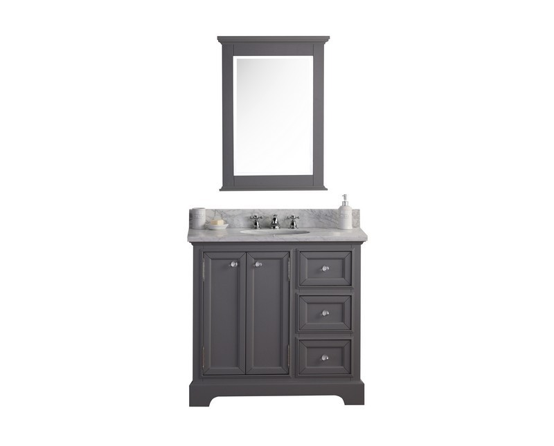 WATER-CREATION DE36CW01CG-B24BX0901 DERBY 36 CASHMERE GREY SINGLE SINK CARRARA MARBLE BATHROOM VANITY WITH MATCHING MIRROR AND FAUCET