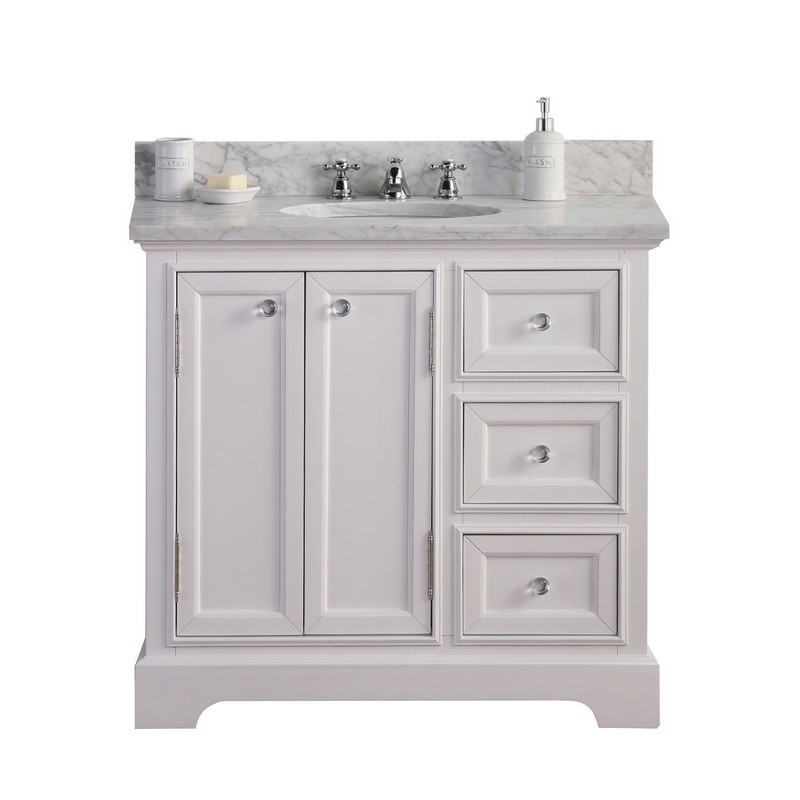 WATER-CREATION DE36CW01PW-000BX0901 DERBY 36 PURE WHITE SINGLE SINK CARRARA MARBLE BATHROOM VANITY WITH FAUCETS