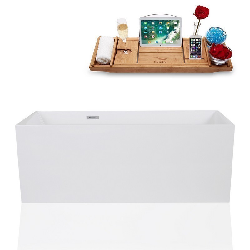 STREAMLINE K-1006-67FSWHSS-FM 67 INCH SOLID SURFACE RESIN SOAKING FREESTANDING TUB AND TRAY WITH INTERNAL DRAIN