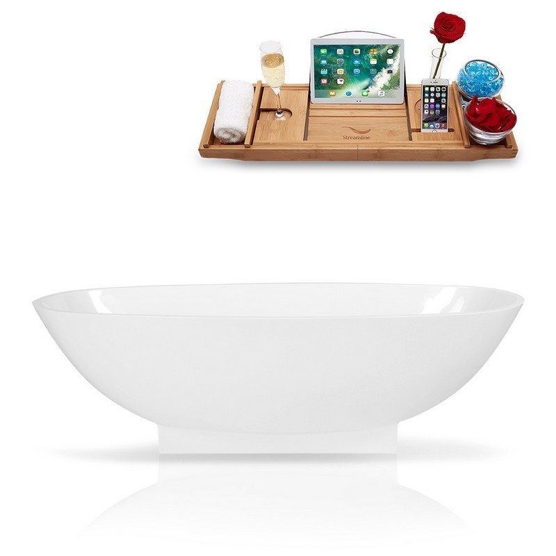 STREAMLINE K-1009-68FSWHSS-FM 68 INCH SOLID SURFACE RESIN SOAKING FREESTANDING TUB AND TRAY WITH INTERNAL DRAIN