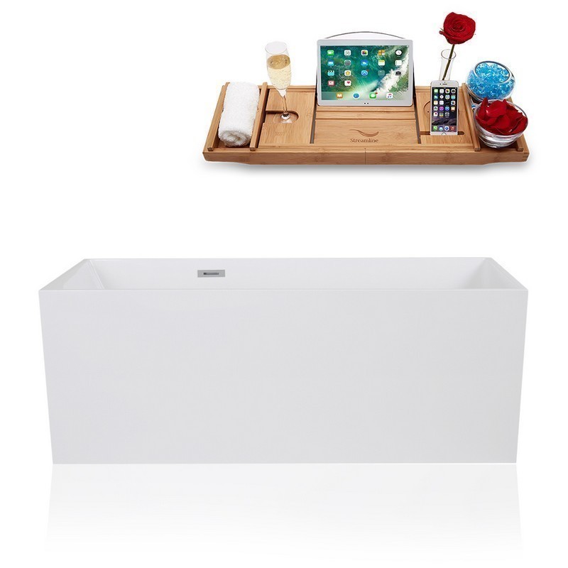 STREAMLINE K-1169-59FSWHSS-FM 59 INCH SOLID SURFACE RESIN SOAKING FREESTANDING TUB AND TRAY WITH INTERNAL DRAIN