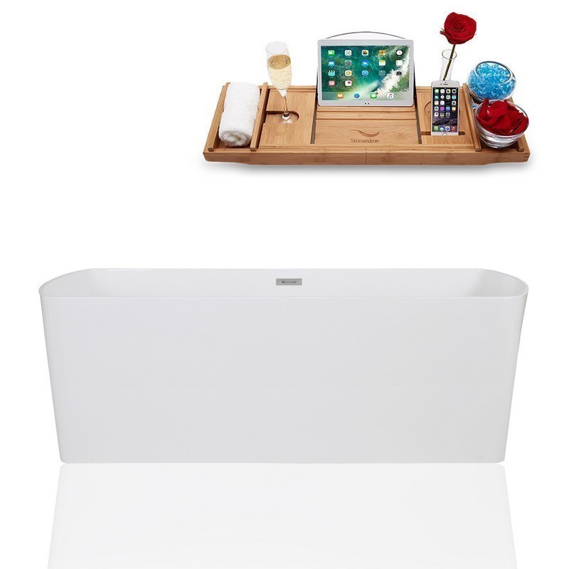STREAMLINE K-1782-67FSWHSS-FM 67 INCH SOLID SURFACE RESIN SOAKING FREESTANDING TUB AND TRAY WITH INTERNAL DRAIN