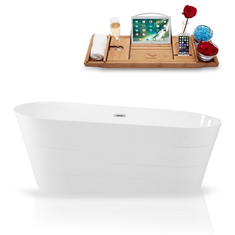 STREAMLINE K-892-59FSWHSS-FM 59 INCH SOLID SURFACE RESIN SOAKING FREESTANDING TUB AND TRAY WITH INTERNAL DRAIN