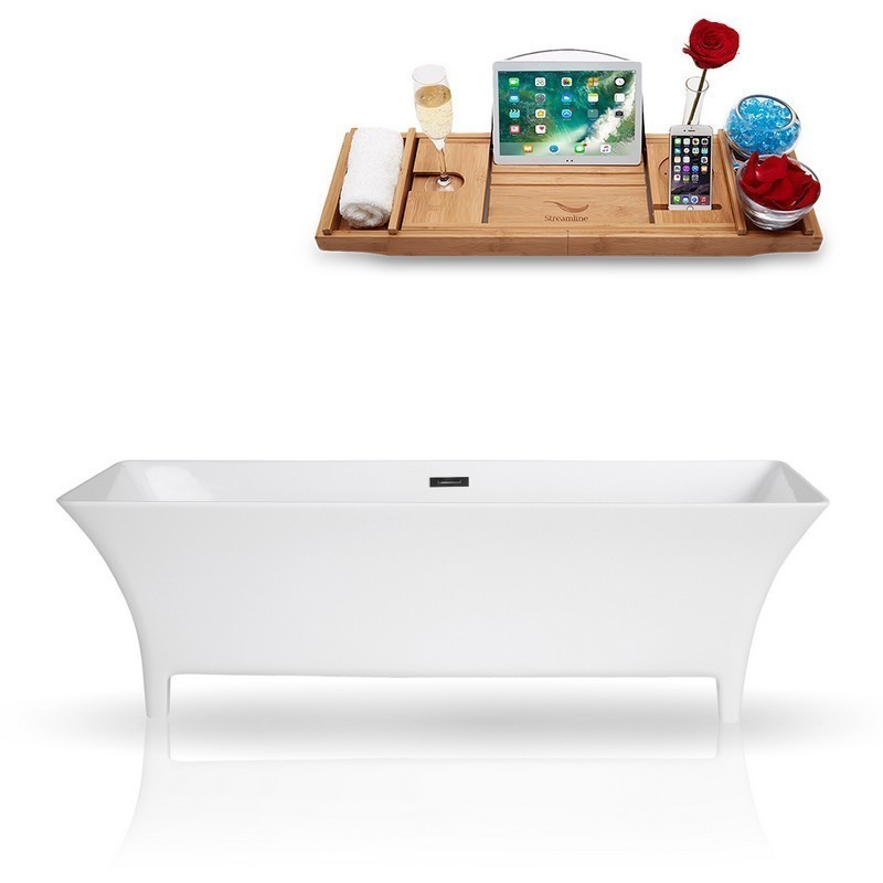STREAMLINE K-97-67FSWHSS-FM 67 INCH SOLID SURFACE RESIN SOAKING FREESTANDING TUB AND TRAY WITH INTERNAL DRAIN
