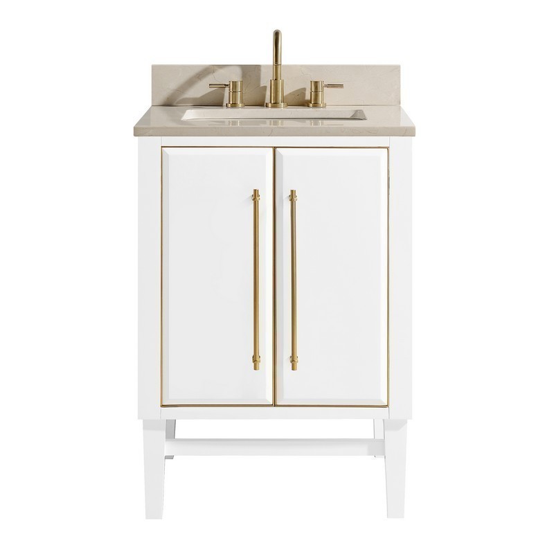 AVANITY MASON-VS25-WTG-D MASON 25 INCH VANITY COMBO IN WHITE WITH GOLD TRIM AND CREMA MARFIL MARBLE TOP