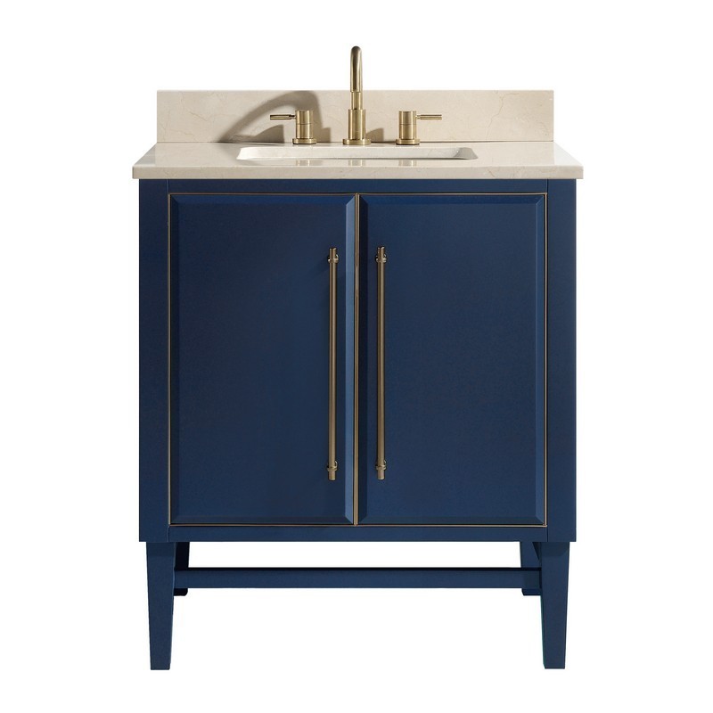 AVANITY MASON-VS31-NBG-D MASON 31 INCH VANITY COMBO IN NAVY BLUE WITH GOLD TRIM AND CREMA MARFIL MARBLE TOP