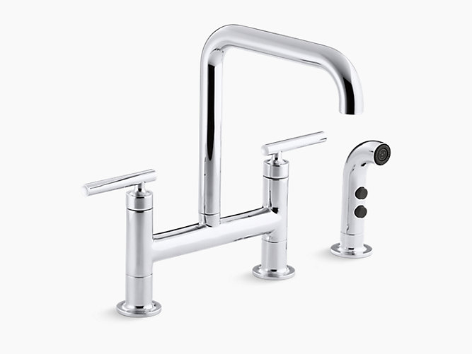 KOHLER K-7548-4 PURIST DOUBLE HANDLE BRIDGE KITCHEN FAUCET WITH ROTATING SPOUT AND PULL OUT SPRAY