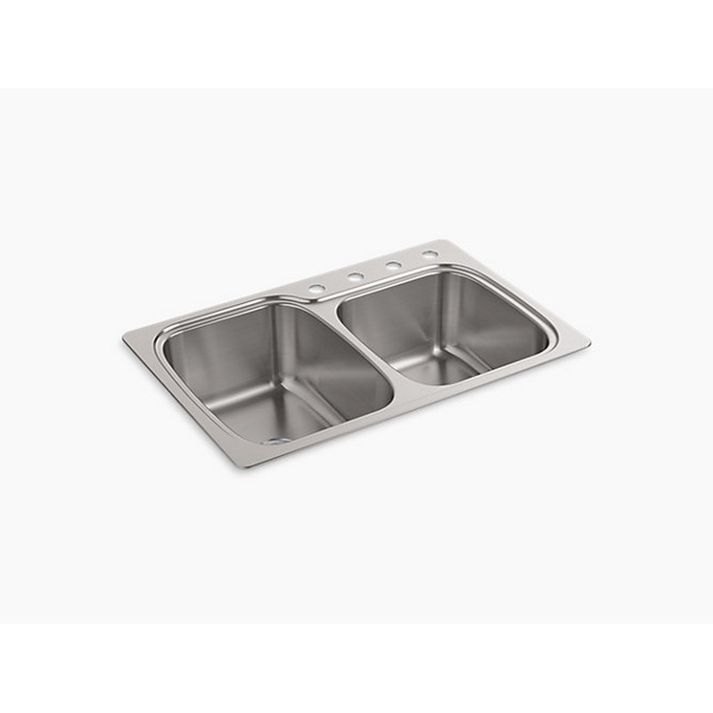 KOHLER K-75791-4-NA VERSE 33 INCH DOUBLE BASIN 18-GAUGE STAINLESS STEEL KITCHEN SINK FOR UNIVERSAL INSTALLATION WITH 4 FAUCET HOLES