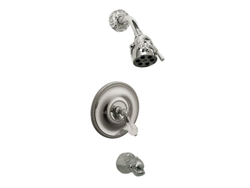 PHYLRICH PB2184 DOLPHIN WALL MOUNT PRESSURE BALANCE TUB AND SHOWER SET WITH CUT CRYSTAL LEVER HANDLE