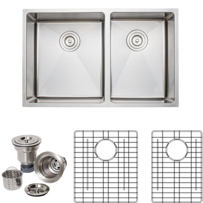 WELLS SINKWARE CSU3019-97-1 CHEF'S COLLECTION HANDCRAFTED 30 INCH 16 GAUGE UNDERMOUNT 5:4 DOUBLE BOWL STAINLESS STEEL KITCHEN SINK PACKAGE