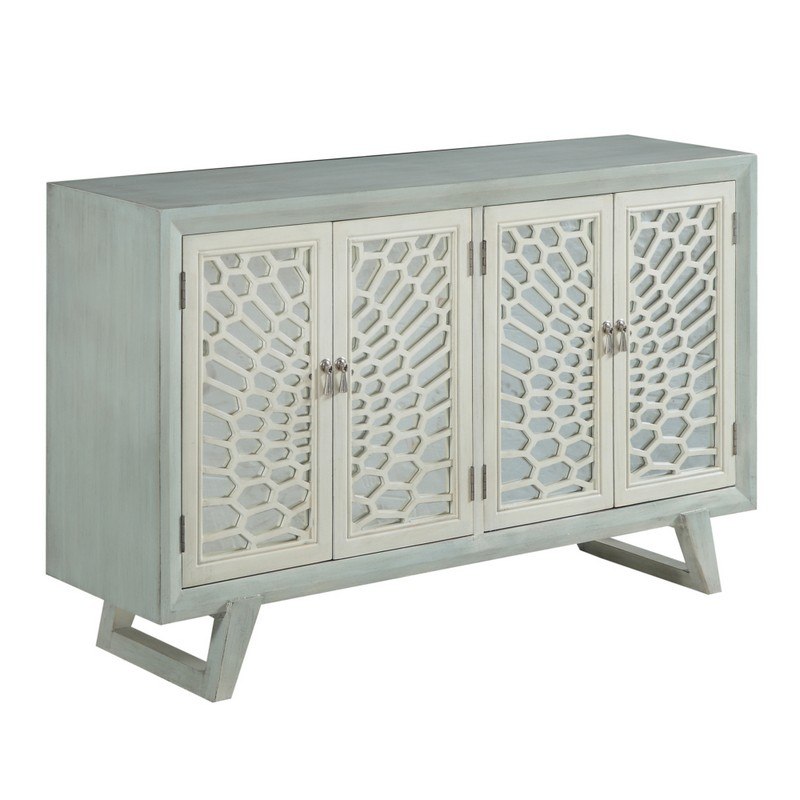 INFURNITURE AC1850-57-MT 57 INCH MINT CREDENZA ACCENT CABINET WITH FOUR RUSTIC WHITE MIRRORED DOORS