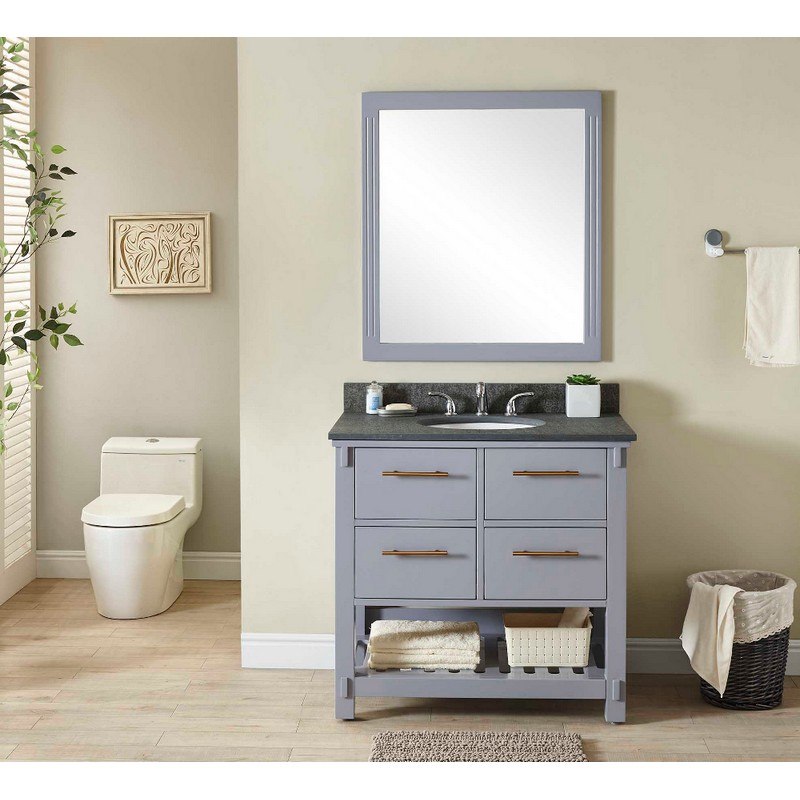 INFURNITURE IN3836-G+MG TOP 36 INCH SINGLE SINK BATHROOM VANITY IN GREY WITH POLISHED TEXTURED SURFACE GRANITE TOP