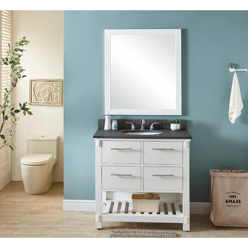 INFURNITURE IN3836-W+MG TOP 36 INCH SINGLE SINK BATHROOM VANITY IN WHITE WITH POLISHED TEXTURED SURFACE GRANITE TOP