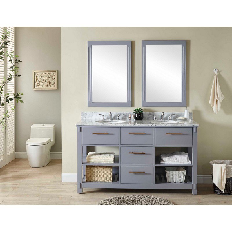 INFURNITURE IN3860-G+CW TOP 60 INCH DOUBLE SINK BATHROOM VANITY IN GREY WITH CARRARA WHITE MARBLE TOP