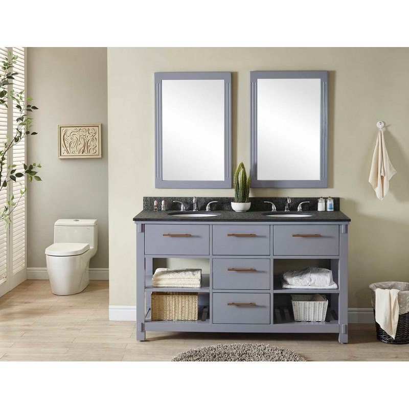 INFURNITURE IN3860-G+MG TOP 60 INCH DOUBLE SINK BATHROOM VANITY IN GREY WITH POLISHED TEXTURED SURFACE GRANITE TOP