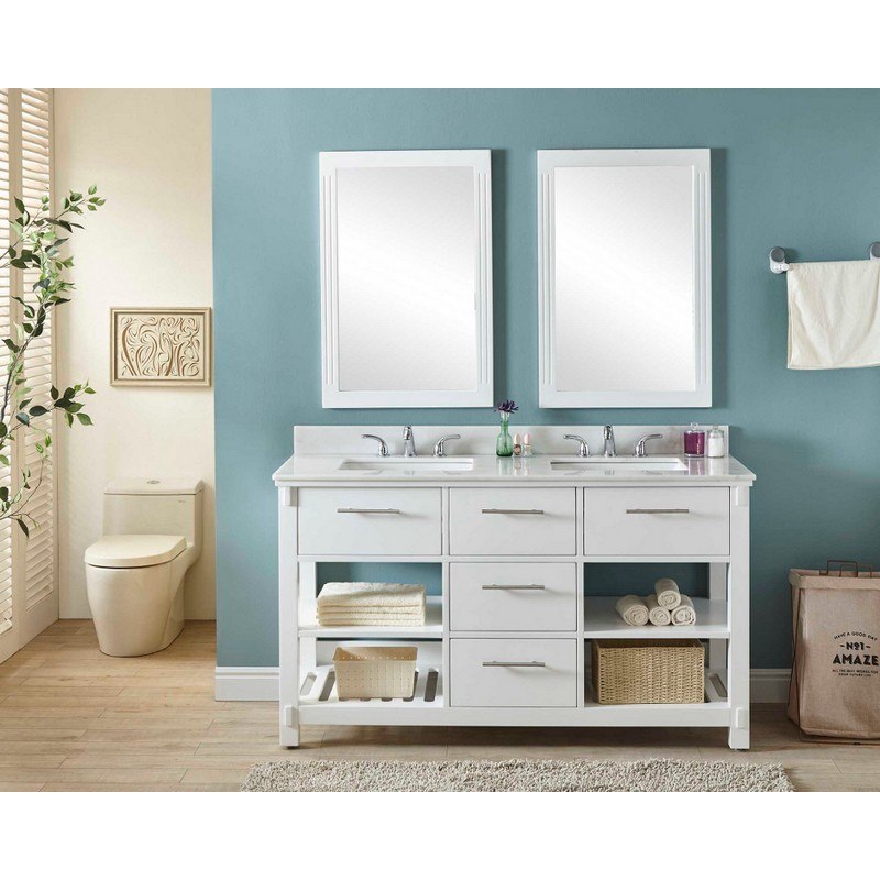 INFURNITURE IN3860-W+AP TOP 60 INCH DOUBLE SINK BATHROOM VANITY IN WHITE WITH ARCTIC PEARL QUARTZ MARBLE TOP