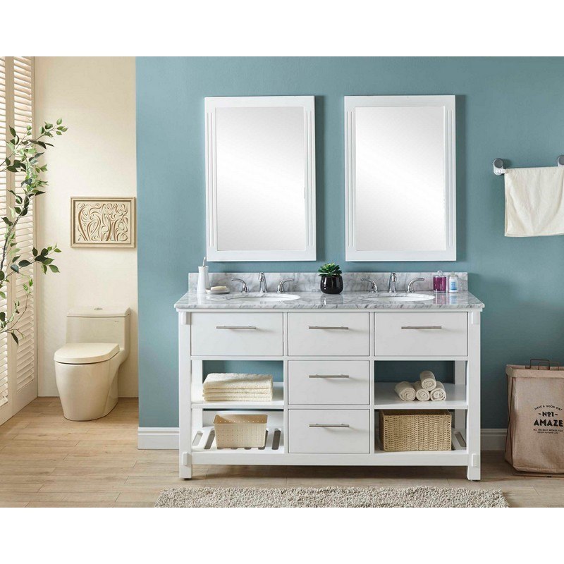 INFURNITURE IN3860-W+CW TOP 60 INCH DOUBLE SINK BATHROOM VANITY IN WHITE WITH CARRARA WHITE MARBLE TOP