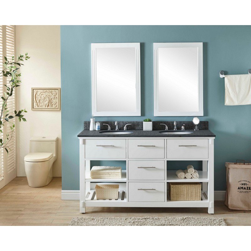 INFURNITURE IN3860-W+MG TOP 60 INCH DOUBLE SINK BATHROOM VANITY IN WHITE WITH POLISHED TEXTURED SURFACE GRANITE TOP