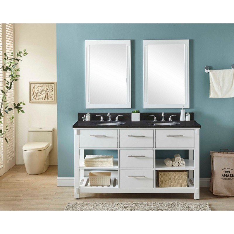 INFURNITURE IN3860-W+WK TOP 60 INCH DOUBLE SINK BATHROOM VANITY IN WHITE WITH LIMESTONE TOP