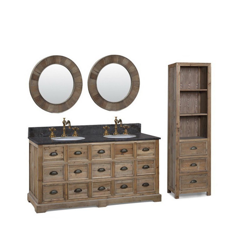 INFURNITURE WK1560+WK TOP 60 INCH SOLID RECYCLED FIR DOUBLE SINK VANITY WITH LIMESTONE TOP