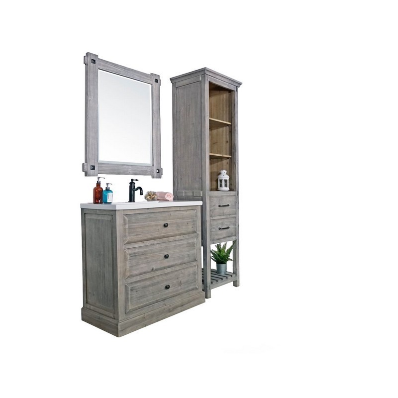 INFURNITURE WK1830-G 30 INCH SOLID FIR SINGLE SINK VANITY IN GREY DRIFTWOOD WITH CERAMIC TOP
