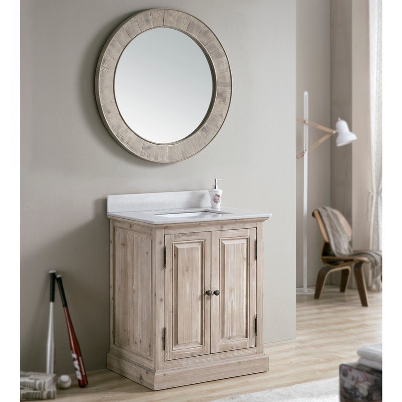 INFURNITURE WK1831+AP TOP 30 INCH SOLID RECYCLED FIR SINGLE SINK VANITY WITH ARCTIC PEARL QUARTZ MARBLE TOP