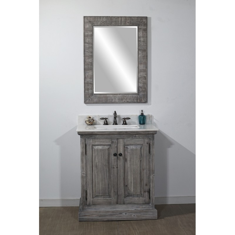 INFURNITURE WK1831-G+AP TOP 30 INCH RUSTIC SOLID FIR SINGLE SINK VANITY IN GREY DRIFTWOOD WITH ARCTIC PEARL QUARTZ MARBLE TOP