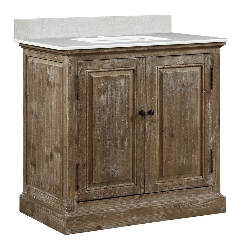 INFURNITURE WK1836+AP TOP 36 INCH SOLID RECYCLED FIR SINK VANITY WITH ARCTIC PEARL QUARTZ MARBLE TOP