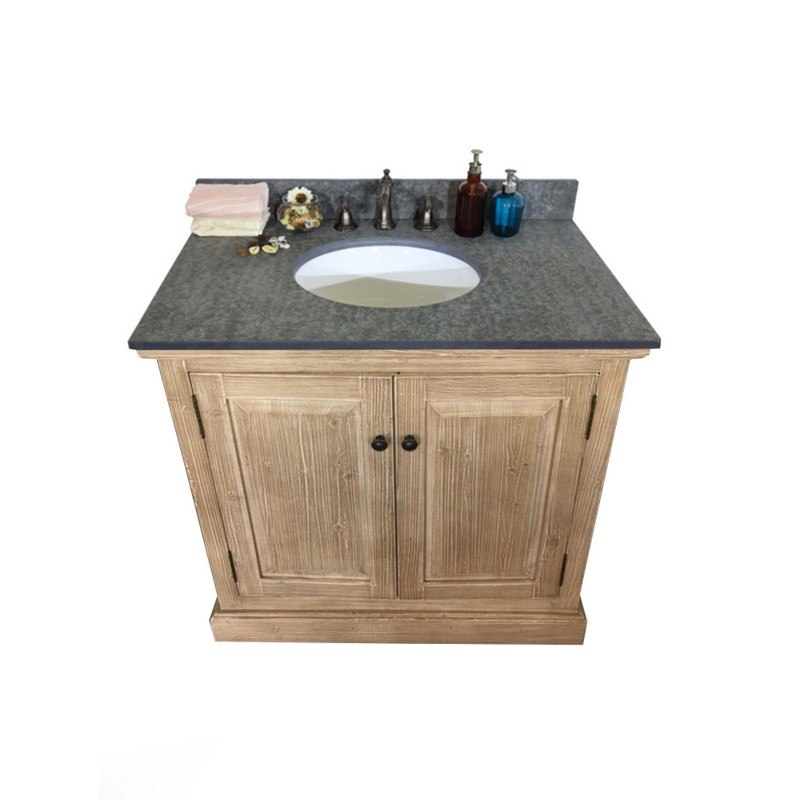 INFURNITURE WK1836+MG TOP 36 INCH SOLID RECYCLED FIR SINK VANITY WITH POLISHED TEXTURED SURFACE GRANITE TOP