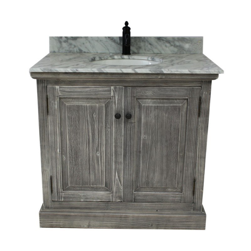 INFURNITURE WK1836-G+CW TOP 36 INCH RUSTIC SOLID FIR SINGLE SINK VANITY IN GREY DRIFTWOOD WITH CARRARA WHITE MARBLE TOP