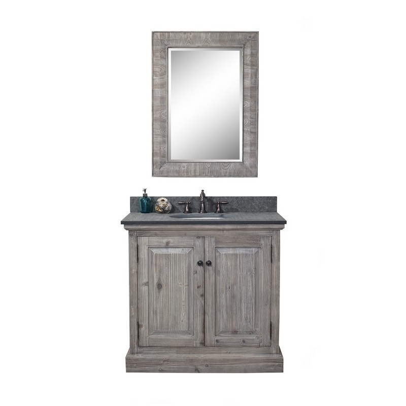 INFURNITURE WK1836-G+MG TOP 36 INCH RUSTIC SOLID FIR SINGLE SINK VANITY IN GREY DRIFTWOOD WITH POLISHED TEXTURED SURFACE GRANITE TOP