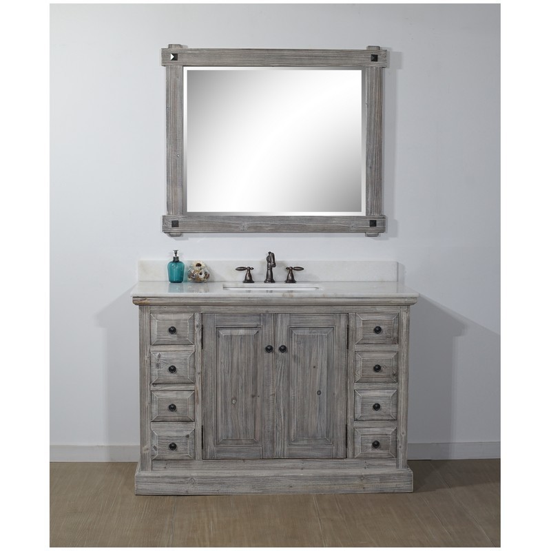 INFURNITURE WK1848-G+AP TOP 48 INCH RUSTIC SOLID FIR SINGLE SINK VANITY IN GREY-DRIFTWOOD WITH ARCTIC PEARL QUARTZ MARBLE TOP