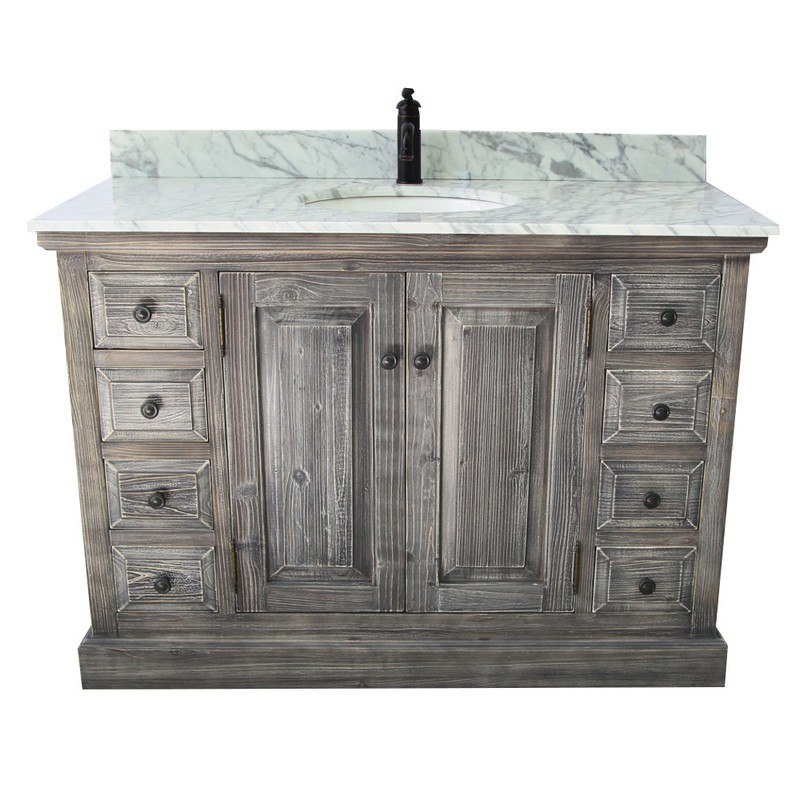 INFURNITURE WK1848-G+CW TOP 48 INCH RUSTIC SOLID FIR SINGLE SINK VANITY IN GREY-DRIFTWOOD WITH CARRARA WHITE MARBLE TOP