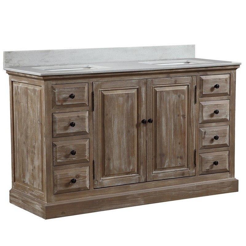 INFURNITURE WK1860+AP TOP 60 INCH SOLID RECYCLED FIR DOUBLE SINK VANITY WITH ARCTIC PEARL QUARTZ MARBLE TOP