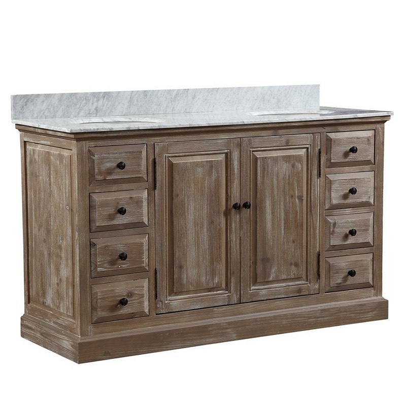 INFURNITURE WK1860+CW TOP 60 INCH SOLID RECYCLED FIR DOUBLE SINK VANITY WITH CARRARA WHITE MARBLE TOP