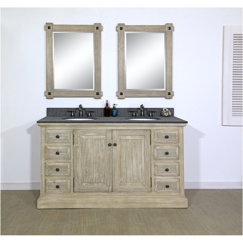 INFURNITURE WK1860+MG TOP 60 INCH SOLID RECYCLED FIR DOUBLE SINK VANITY WITH POLISHED TEXTURED SURFACE GRANITE TOP