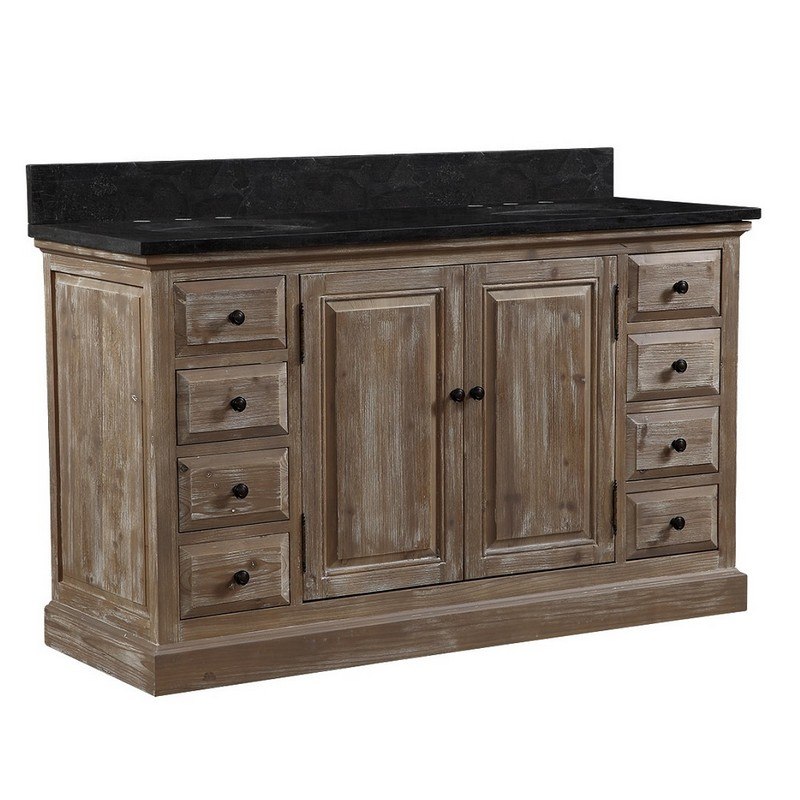 INFURNITURE WK1860+WK TOP 60 INCH SOLID RECYCLED FIR DOUBLE SINK VANITY WITH LIMESTONE TOP