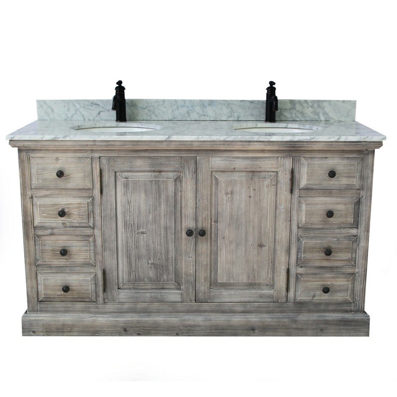 INFURNITURE WK1860-G+CW TOP 60 INCH RUSTIC SOLID FIR DOUBLE SINK VANITY IN GREY DRIFTWOOD WITH CARRARA WHITE MARBLE TOP