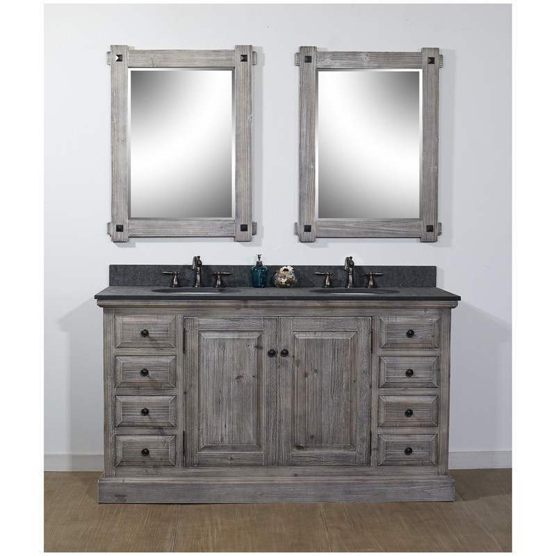 INFURNITURE WK1860-G+MG TOP 60 INCH RUSTIC SOLID FIR DOUBLE SINK VANITY IN GREY DRIFTWOOD WITH POLISHED TEXTURED SURFACE GRANITE TOP