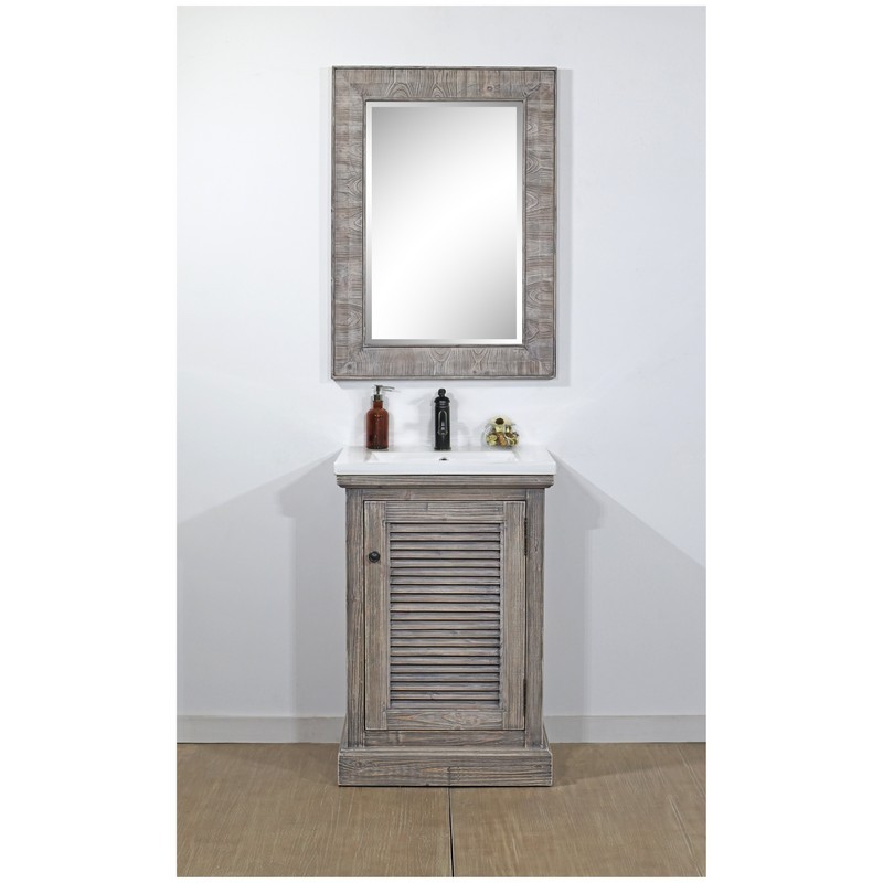 INFURNITURE WK1924-G 24 INCH RUSTIC SOLID FIR VANITY WITH CERAMIC SINGLE SINK IN GREY DRIFTWOOD