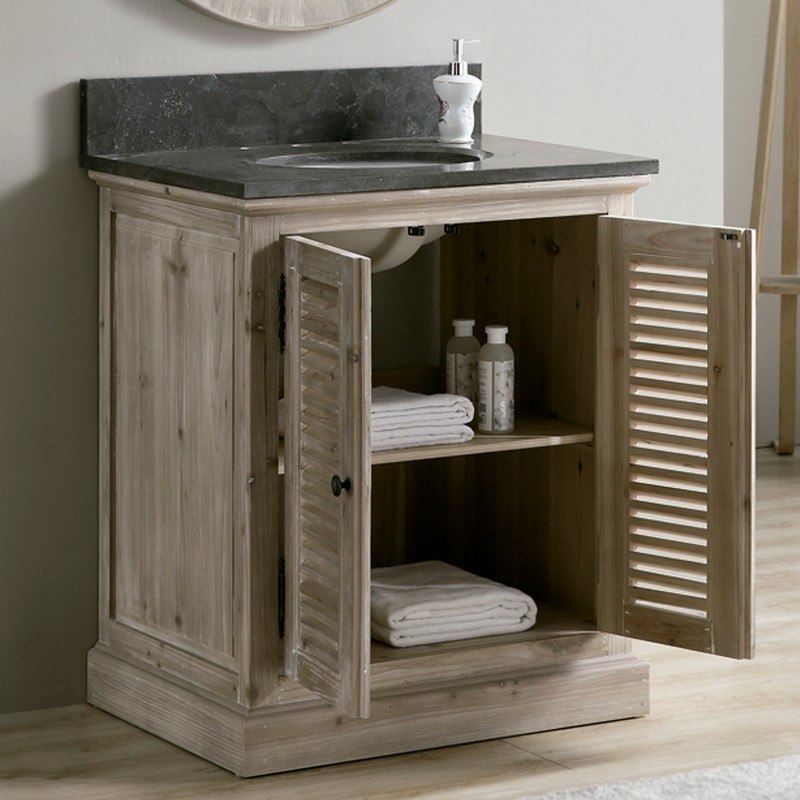 INFURNITURE WK1931+WK TOP 30 INCH SOLID RECYCLED FIR SINGLE SINK VANITY WITH LIMESTONE TOP