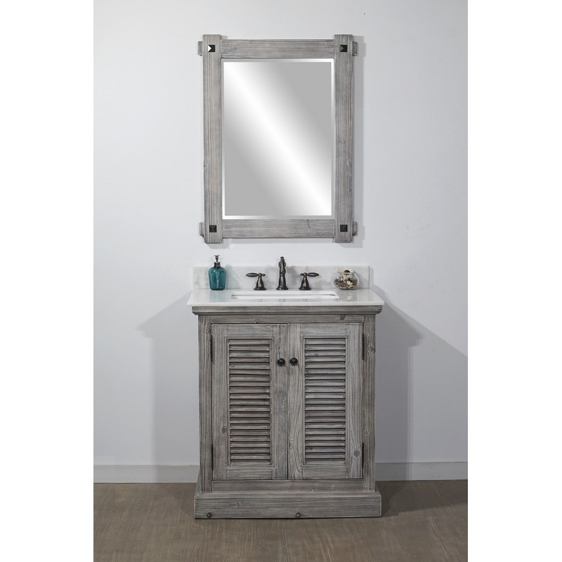 INFURNITURE WK1931-G+AP TOP 30 INCH RUSTIC SOLID FIR SINGLE SINK VANITY IN GREY DRIFTWOOD WITH ARCTIC PEARL QUARTZ MARBLE TOP