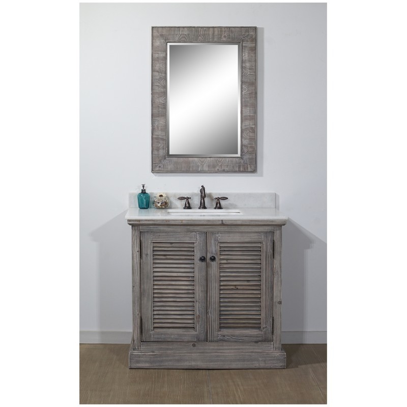 INFURNITURE WK1936-G+AP TOP 36 INCH RUSTIC SOLID FIR SINGLE SINK VANITY IN GREY DRIFTWOOD WITH ARCTIC PEARL QUARTZ MARBLE TOP