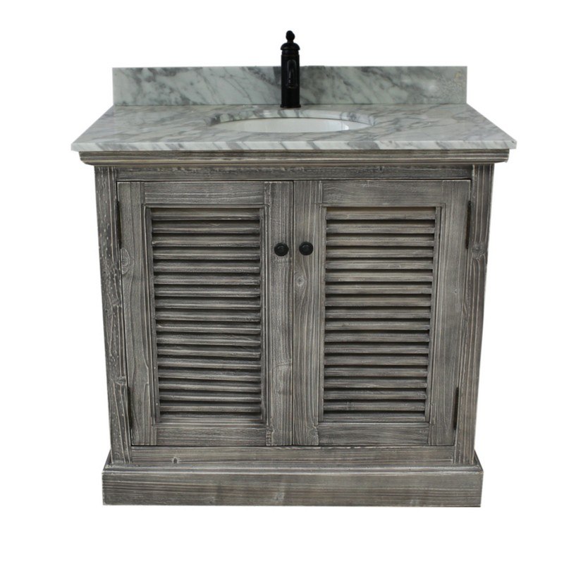 INFURNITURE WK1936-G+CW TOP 36 INCH RUSTIC SOLID FIR SINGLE SINK VANITY IN GREY DRIFTWOOD WITH CARRARA WHITE MARBLE TOP