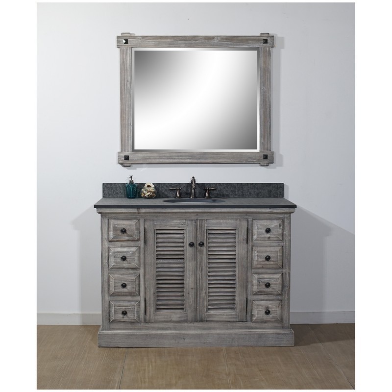 INFURNITURE WK1948-G+MG TOP 48 INCH RUSTIC SOLID FIR SINGLE SINK VANITY IN GREY DRIFTWOOD WITH POLISHED TEXTURED SURFACE GRANITE TOP