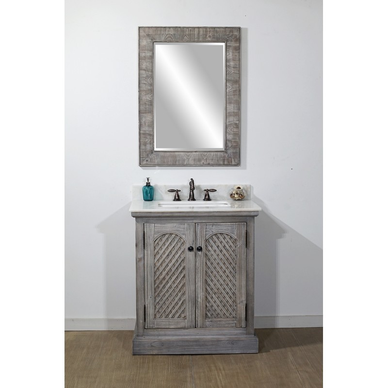 INFURNITURE WK8131-G+AP TOP 30 INCH RUSTIC SOLID FIR SINK VANITY IN GREY DRIFTWOOD WITH ARCTIC PEARL QUARTZ MARBLE TOP